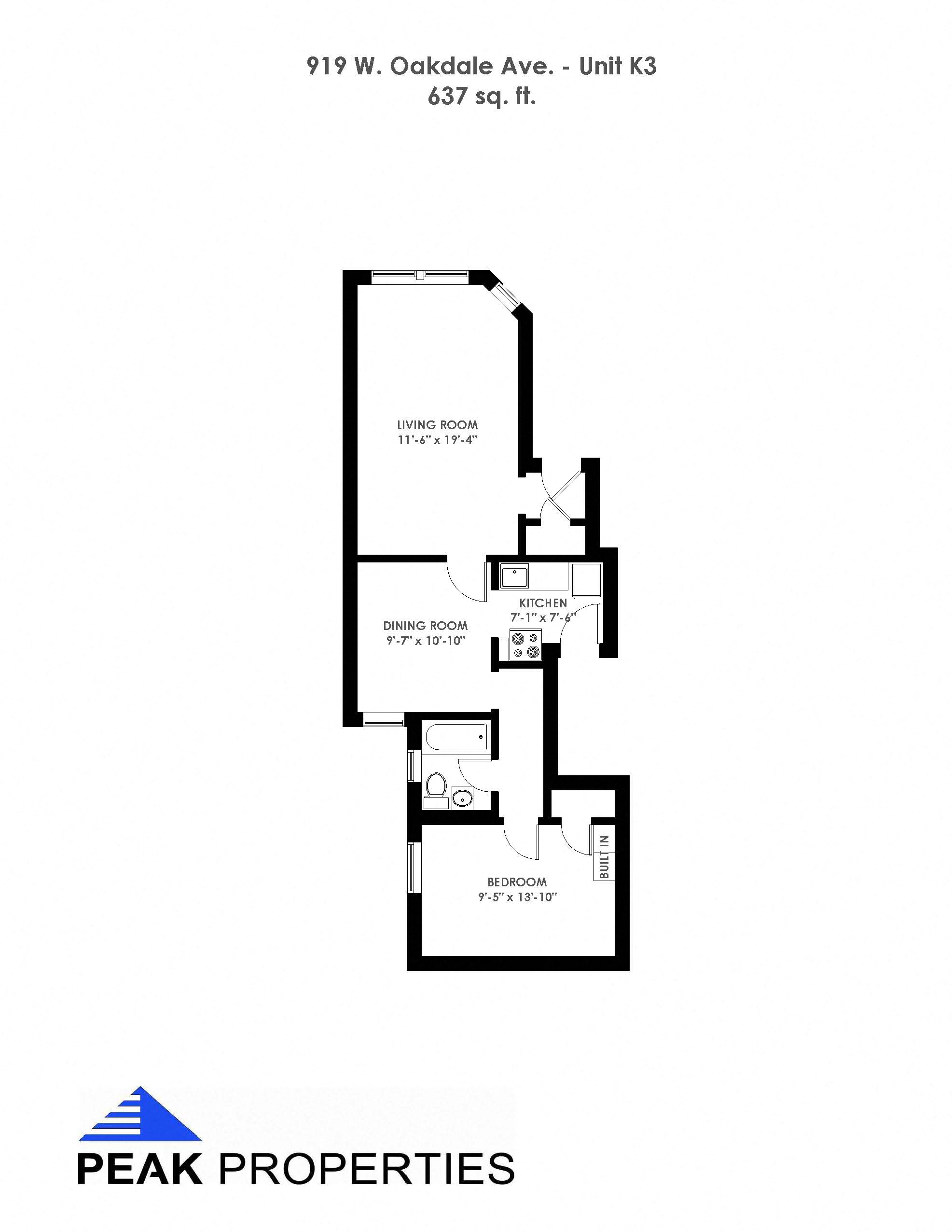 Floor plan for 1 bed, 1 bath, 635 sqft